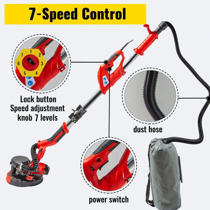 Drywall Sander 750W Electric, Electric Sander Variable Speed 800-1750RPM, Drywall Sander Foldable Sheetrock Sander, with Telescope Handle ,Vacuum Bag Drywall Sanders 6 Sand Pads.
