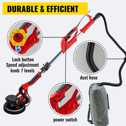 Drywall Sander 750W, Electric Drywall Sander, Foldable Sheetrock Sander, with Telescope Handle, Electric Sander, Variable Speed 800-1750 RPM, Wall Sander, with LED Strip Light and Vacuum Bag.