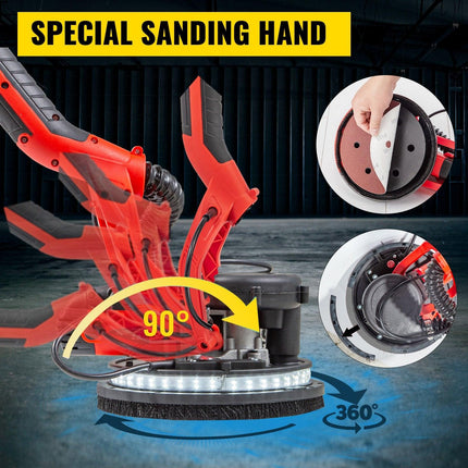 Drywall Sander 750W, Electric Drywall Sander, Foldable Sheetrock Sander, with Telescope Handle, Electric Sander, Variable Speed 800-1750 RPM, Wall Sander, with LED Strip Light and Vacuum Bag.