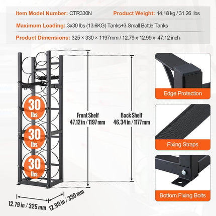 Refrigerant Tank Rack, with 3 x 30lbs and Other 3 Small Bottle Tanks, Cylinder Tank Rack 12.79x12.99x47.12 in, Refrigerant Cylinder Rack and Holders for Freon, Gases, Oxygen, Nitrogen.