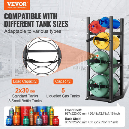 Refrigerant Tank Rack, with 2 x 30lbs and Other 3 Small Bottle Tanks, Cylinder Tank Rack 12.79x12.99x47.12 in, Refrigerant Cylinder Rack and Holders for Freon, Gases, Oxygen, Nitrogen.