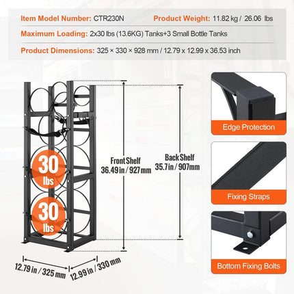 Refrigerant Tank Rack, with 2 x 30lbs and Other 3 Small Bottle Tanks, Cylinder Tank Rack 12.79x12.99x47.12 in, Refrigerant Cylinder Rack and Holders for Freon, Gases, Oxygen, Nitrogen.