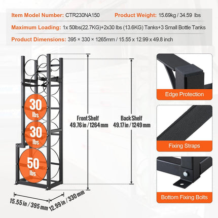 Refrigerant Tank Rack, with 1 x 50lb, 2 x 30lb and Other 3 Small Bottle Tanks, Cylinder Tank Rack 15.55x12.99x49.8 in, Refrigerant Cylinder Rack and Holders for Freon, Gases, Oxygen, Nitrogen.