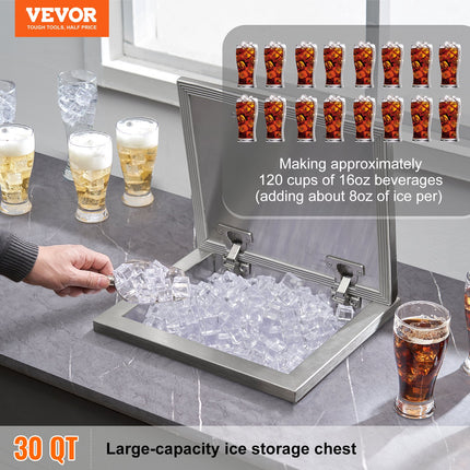 Drop in Ice Chest, 14"L x 12"W x 18"H Stainless Steel Ice Cooler, Commercial Ice Bin with Hinged Cover, 40 qt Outdoor Kitchen Ice Bar, Drain-pipe and Drain Plug Included, for Cold Wine Beer.