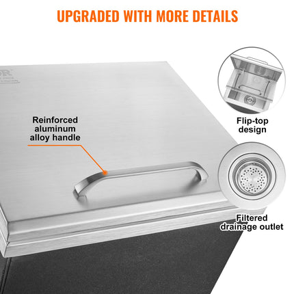 Drop in Ice Chest, 14"L x 12"W x 18"H Stainless Steel Ice Cooler, Commercial Ice Bin with Hinged Cover, 40 qt Outdoor Kitchen Ice Bar, Drain-pipe and Drain Plug Included, for Cold Wine Beer.