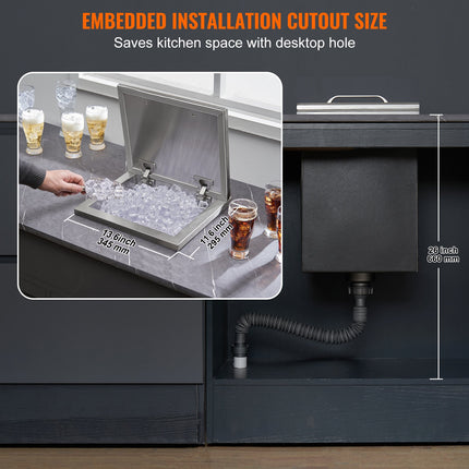 Drop in Ice Chest, 14"L x 12"W x 18"H Stainless Steel Ice Cooler, Commercial Ice Bin with Hinged Cover, 40 qt Outdoor Kitchen Ice Bar, Drain-pipe and Drain Plug Included, for Cold Wine Beer.