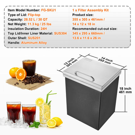 Drop in Ice Chest, 14"L x 12"W x 18"H Stainless Steel Ice Cooler, Commercial Ice Bin with Hinged Cover, 40 qt Outdoor Kitchen Ice Bar, Drain-pipe and Drain Plug Included, for Cold Wine Beer.