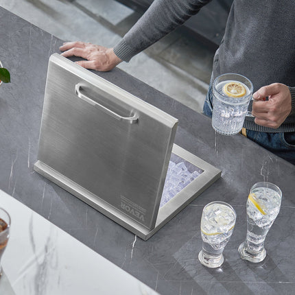 Drop in Ice Chest, 14"L x 12"W x 18"H Stainless Steel Ice Cooler, Commercial Ice Bin with Hinged Cover, 40 qt Outdoor Kitchen Ice Bar, Drain-pipe and Drain Plug Included, for Cold Wine Beer.