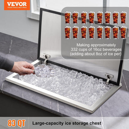 Drop in Ice Chest, 24"L x 20"W x 15"H Stainless Steel Ice Cooler, Commercial Ice Bin with Hinged Cover, 40 qt Outdoor Kitchen Ice Bar, Drain-pipe and Drain Plug Included, for Cold Wine Beer.