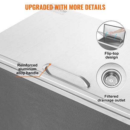 Drop in Ice Chest, 24"L x 20"W x 15"H Stainless Steel Ice Cooler, Commercial Ice Bin with Hinged Cover, 40 qt Outdoor Kitchen Ice Bar, Drain-pipe and Drain Plug Included, for Cold Wine Beer.