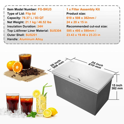 Drop in Ice Chest, 24"L x 20"W x 15"H Stainless Steel Ice Cooler, Commercial Ice Bin with Hinged Cover, 40 qt Outdoor Kitchen Ice Bar, Drain-pipe and Drain Plug Included, for Cold Wine Beer.