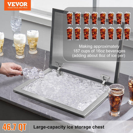 Drop in Ice Chest, 20"L x 16"W x 13"H Stainless Steel Ice Cooler, Commercial Ice Bin with Hinged Cover, 40 qt Outdoor Kitchen Ice Bar, Drain-pipe and Drain Plug Included, for Cold Wine Beer.