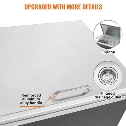 Drop in Ice Chest, 20"L x 16"W x 13"H Stainless Steel Ice Cooler, Commercial Ice Bin with Hinged Cover, 40 qt Outdoor Kitchen Ice Bar, Drain-pipe and Drain Plug Included, for Cold Wine Beer.