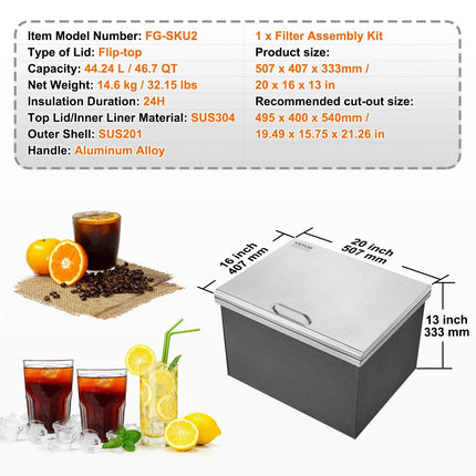 Drop in Ice Chest, 20"L x 16"W x 13"H Stainless Steel Ice Cooler, Commercial Ice Bin with Hinged Cover, 40 qt Outdoor Kitchen Ice Bar, Drain-pipe and Drain Plug Included, for Cold Wine Beer.