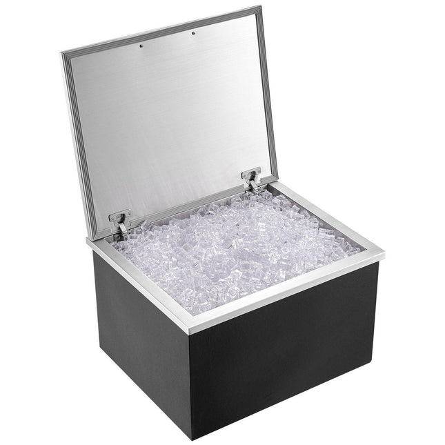 Drop in Ice Chest, 28"L x 16"W x 17"H Stainless Steel Ice Cooler, Commercial Ice Bin with Hinged Cover, 40 qt Outdoor Kitchen Ice Bar, Drain-pipe and Drain Plug Included, for Cold Wine Beer.