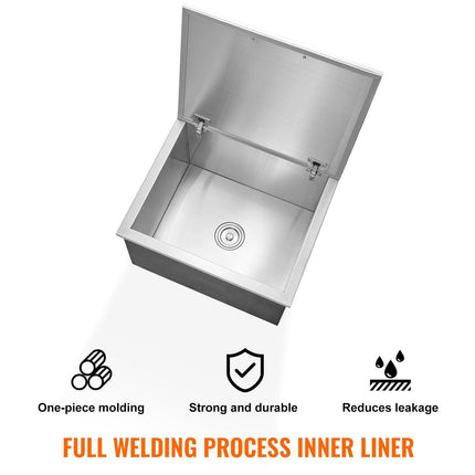 Drop in Ice Chest, 28"L x 16"W x 17"H Stainless Steel Ice Cooler, Commercial Ice Bin with Hinged Cover, 40 qt Outdoor Kitchen Ice Bar, Drain-pipe and Drain Plug Included, for Cold Wine Beer.