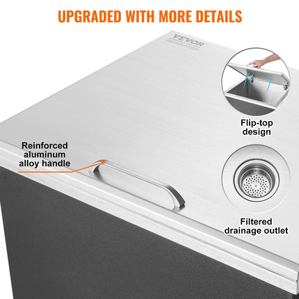 Drop in Ice Chest, 28"L x 16"W x 17"H Stainless Steel Ice Cooler, Commercial Ice Bin with Hinged Cover, 40 qt Outdoor Kitchen Ice Bar, Drain-pipe and Drain Plug Included, for Cold Wine Beer.