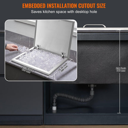 Drop in Ice Chest, 28"L x 16"W x 17"H Stainless Steel Ice Cooler, Commercial Ice Bin with Hinged Cover, 40 qt Outdoor Kitchen Ice Bar, Drain-pipe and Drain Plug Included, for Cold Wine Beer.