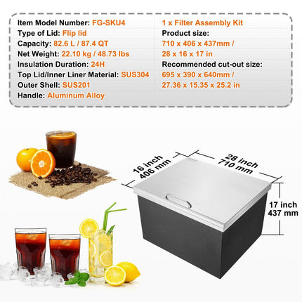 Drop in Ice Chest, 28"L x 16"W x 17"H Stainless Steel Ice Cooler, Commercial Ice Bin with Hinged Cover, 40 qt Outdoor Kitchen Ice Bar, Drain-pipe and Drain Plug Included, for Cold Wine Beer.
