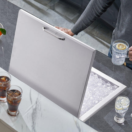Drop in Ice Chest, 28"L x 16"W x 17"H Stainless Steel Ice Cooler, Commercial Ice Bin with Hinged Cover, 40 qt Outdoor Kitchen Ice Bar, Drain-pipe and Drain Plug Included, for Cold Wine Beer.