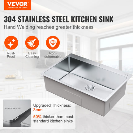 Kitchen Sink, 304 Stainless Steel Drop-In Sinks, Top Mount Single Bowl Basin with Accessories(Pack of 3), Household Dishwasher Sinks for Workstation, RV, Prep Kitchen, and Bar Sink, 33 inch.