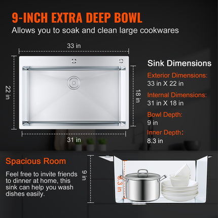Kitchen Sink, 304 Stainless Steel Drop-In Sinks, Top Mount Single Bowl Basin with Accessories(Pack of 3), Household Dishwasher Sinks for Workstation, RV, Prep Kitchen, and Bar Sink, 33 inch.