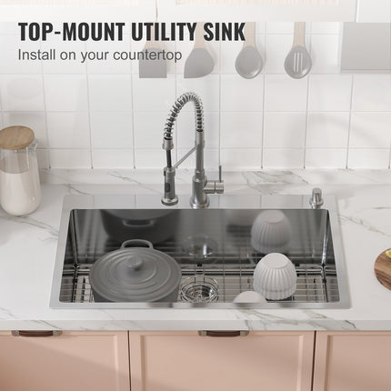 Kitchen Sink, 304 Stainless Steel Drop-In Sinks, Top Mount Single Bowl Basin with Accessories(Pack of 3), Household Dishwasher Sinks for Workstation, RV, Prep Kitchen, and Bar Sink, 33 inch.