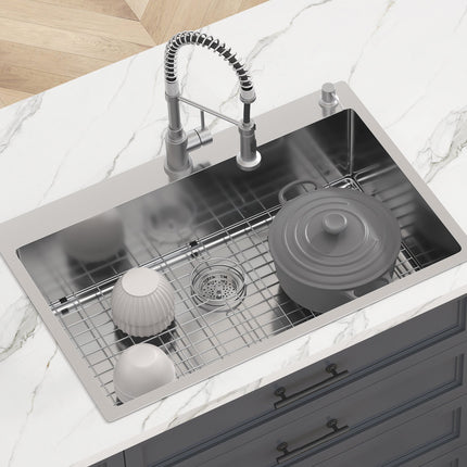 Kitchen Sink, 304 Stainless Steel Drop-In Sinks, Top Mount Single Bowl Basin with Accessories(Pack of 3), Household Dishwasher Sinks for Workstation, RV, Prep Kitchen, and Bar Sink, 33 inch.