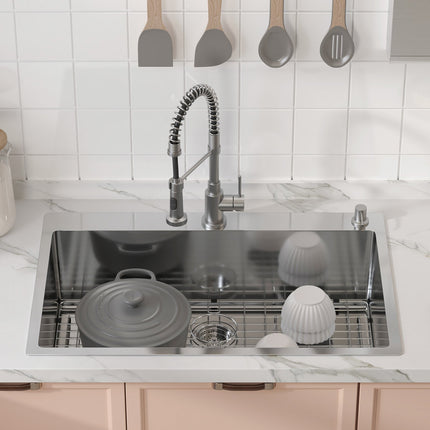 Kitchen Sink, 304 Stainless Steel Drop-In Sinks, Top Mount Single Bowl Basin with Accessories(Pack of 3), Household Dishwasher Sinks for Workstation, RV, Prep Kitchen, and Bar Sink, 33 inch.