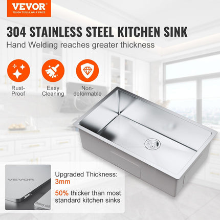 Kitchen Sink, 304 Stainless Steel Drop-In Sinks, Undermount Single Bowl Basin with Accessories(Pack of 3), Household Dishwasher Sinks for Workstation, RV, Prep Kitchen, and Bar Sink, 32 inch.