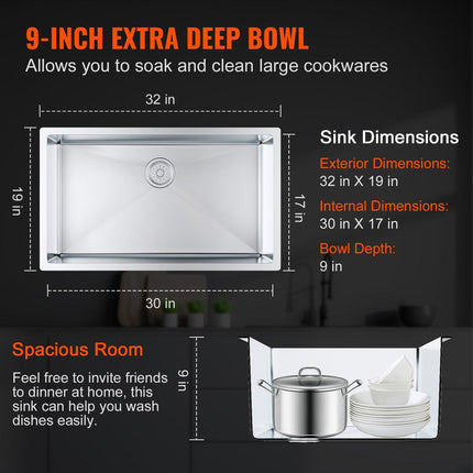 Kitchen Sink, 304 Stainless Steel Drop-In Sinks, Undermount Single Bowl Basin with Accessories(Pack of 3), Household Dishwasher Sinks for Workstation, RV, Prep Kitchen, and Bar Sink, 32 inch.