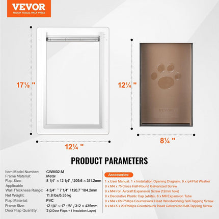 Pet Door, 31.2 x 43.5 cm Metal Frame with Lock and 3-Flap System, Weatherproof Doggy Door, Easy to Install in Interior or Exterior Walls, Pet Door Suitable for Cat Doggie Kitties (White-Medium).