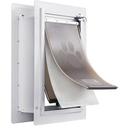 Pet Door, 31.2 x 43.5 cm Metal Frame with Lock and 3-Flap System, Weatherproof Doggy Door, Easy to Install in Interior or Exterior Walls, Pet Door Suitable for Cat Doggie Kitties (White-Medium).
