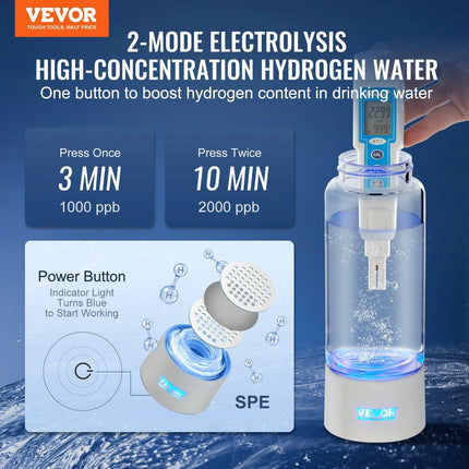 Hydrogen Water Bottle Generator, 380 ml / 13.4 oz Capacity Portable Hydrogen Water Maker, SPE Technology Hydrogen Rich Water Ionizer Machine with Nasal Inhalation Tube and Self-Cleaning.