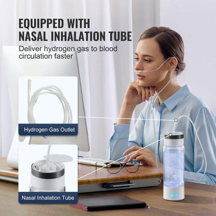 Hydrogen Water Bottle Generator, 380 ml / 13.4 oz Capacity Portable Hydrogen Water Maker, SPE Technology Hydrogen Rich Water Ionizer Machine with Nasal Inhalation Tube and Self-Cleaning.