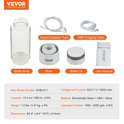 Hydrogen Water Bottle Generator, 380 ml / 13.4 oz Capacity Portable Hydrogen Water Maker, SPE Technology Hydrogen Rich Water Ionizer Machine with Nasal Inhalation Tube and Self-Cleaning.