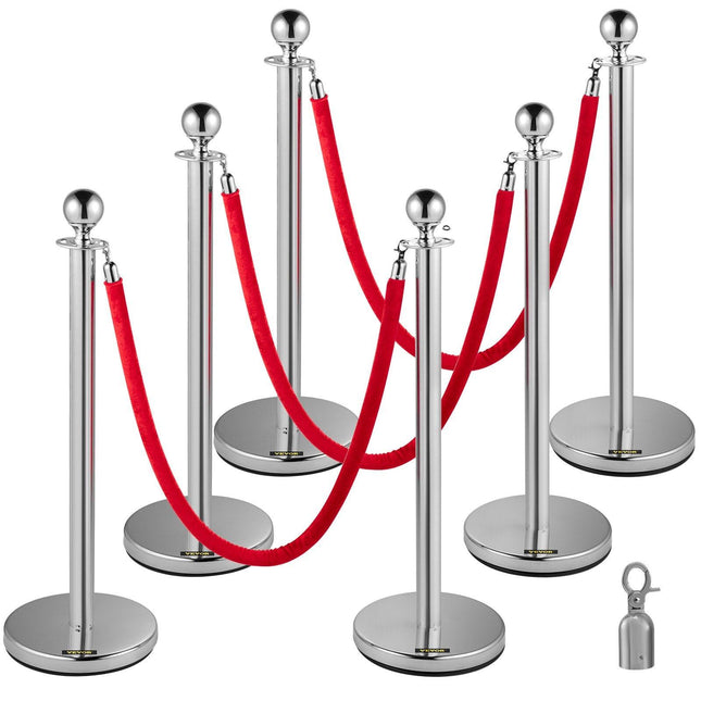 VEVOR 6PCS Red Rope Stanchion Silver Post Crowd Control Queue Line Barrier.