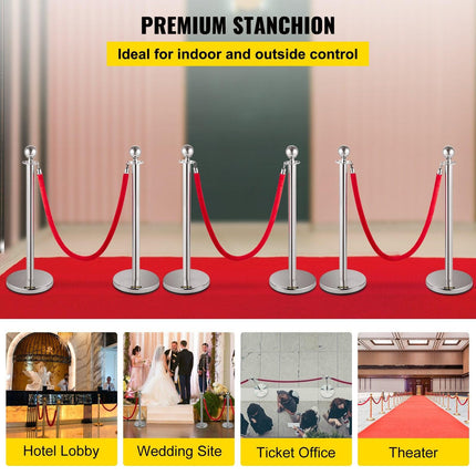 VEVOR 6PCS Red Rope Stanchion Silver Post Crowd Control Queue Line Barrier.