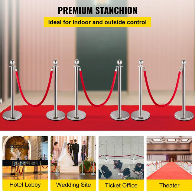 VEVOR 6PCS Red Rope Stanchion Silver Post Crowd Control Queue Line Barrier.