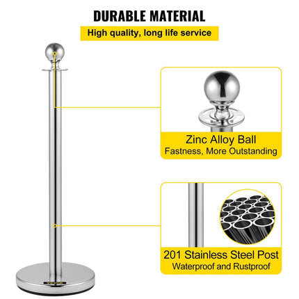 VEVOR 6PCS Red Rope Stanchion Silver Post Crowd Control Queue Line Barrier.