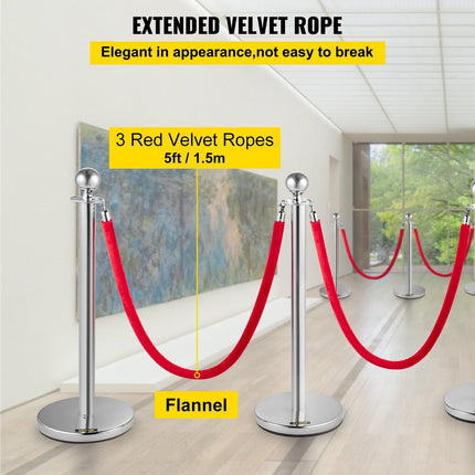 VEVOR 6PCS Red Rope Stanchion Silver Post Crowd Control Queue Line Barrier.