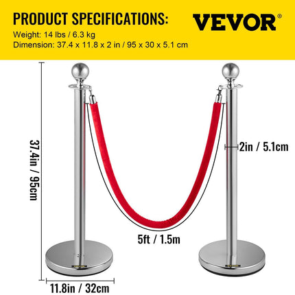 VEVOR 6PCS Red Rope Stanchion Silver Post Crowd Control Queue Line Barrier.