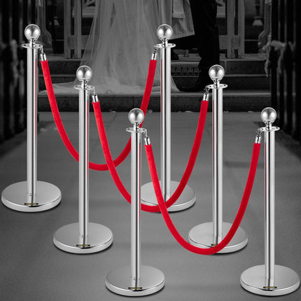 VEVOR 6PCS Red Rope Stanchion Silver Post Crowd Control Queue Line Barrier.