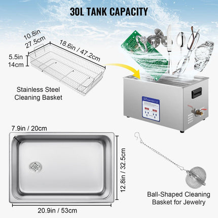 Digital Ultrasonic Cleaner 30L Ultrasonic Cleaning Machine 40kHz Sonic Cleaner Machine 316 & 304 Stainless Steel Ultrasonic Cleaner Machine with Heater & Timer for Cleaning Jewelry Glasses Watch.