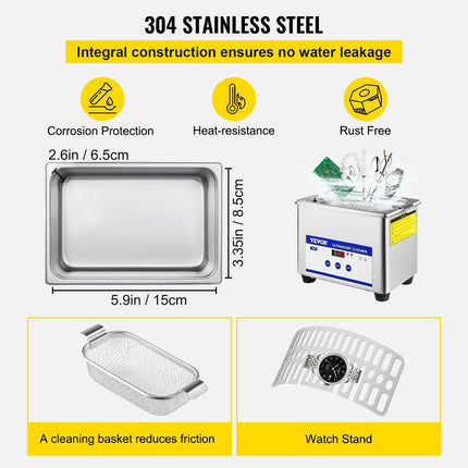 0.8L Professional Ultrasonic Cleaner 304 Stainless Steel Digital Lab Ultrasonic Cleaner with Timer for Jewelry Watch Glasses Circuit Board Dentures Small Parts Dental Instrument (0.8L).
