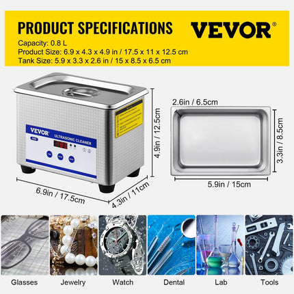 0.8L Professional Ultrasonic Cleaner 304 Stainless Steel Digital Lab Ultrasonic Cleaner with Timer for Jewelry Watch Glasses Circuit Board Dentures Small Parts Dental Instrument (0.8L).