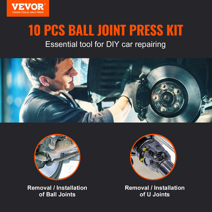 Ball Joint Press Kit, 10 pcsTool Kit, C-press Ball joint Remove and Install Tools, for Most 2WD and 4WD Cars, Heavy Duty Ball Joint Repair Kit for Automotive Repairing.