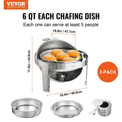 Roll Top Chafing Dish Buffet Set, 5.5L 2 Pack, Stainless Steel Chafer with 2 Full Size Pans, Round Catering Warmer Server with Lid Water Pan Stand Fuel Holder, for at Least 5 People Each.