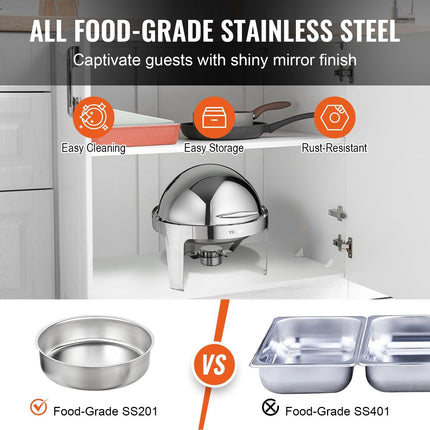 Roll Top Chafing Dish Buffet Set, 5.5L 2 Pack, Stainless Steel Chafer with 2 Full Size Pans, Round Catering Warmer Server with Lid Water Pan Stand Fuel Holder, for at Least 5 People Each.