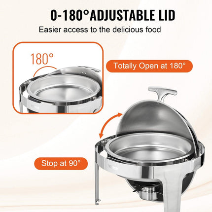 Roll Top Chafing Dish Buffet Set, 5.5L 2 Pack, Stainless Steel Chafer with 2 Full Size Pans, Round Catering Warmer Server with Lid Water Pan Stand Fuel Holder, for at Least 5 People Each.